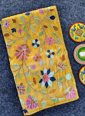 Yellow Color multicolor thread embroidery Work art silk saree 1