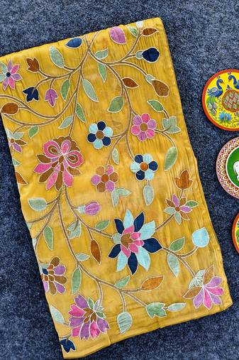 Yellow Color multicolor thread embroidery Work Silk Saree