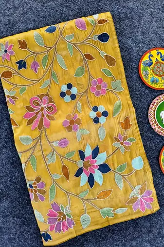 Yellow Color multicolor thread embroidery Work Silk Saree