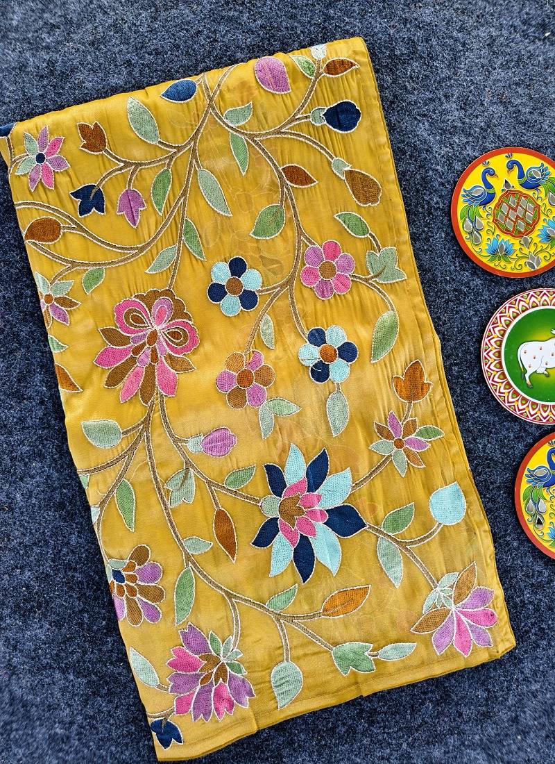 Yellow Color multicolor thread embroidery Work Silk Saree