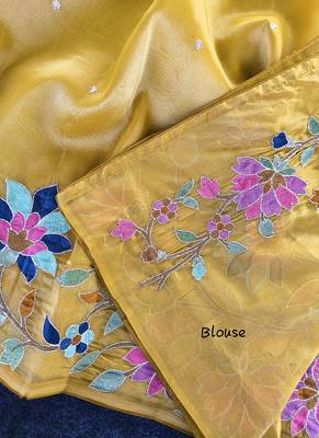 Yellow Color multicolor thread embroidery Work art silk saree 2