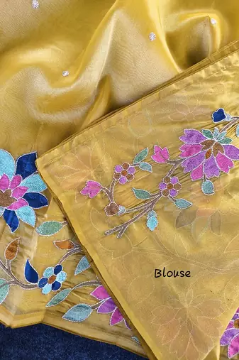 Yellow Color multicolor thread embroidery Work art silk saree