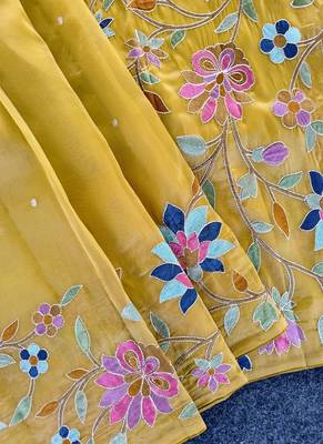 Yellow Color multicolor thread embroidery Work art silk saree 3