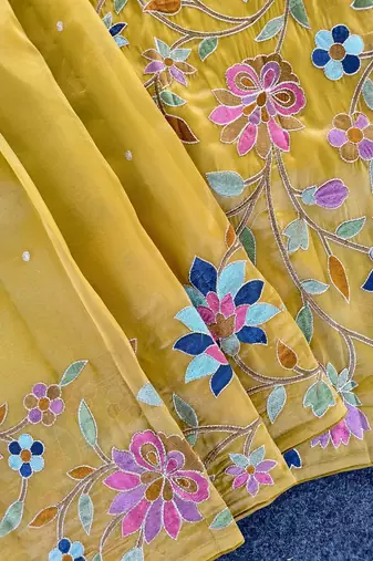 Yellow Color multicolor thread embroidery Work art silk saree