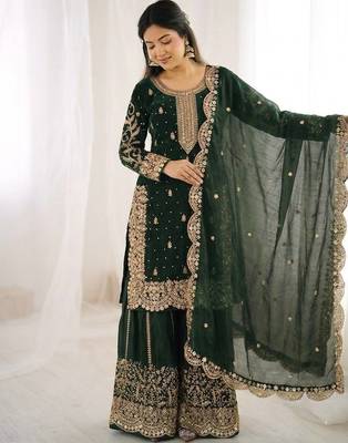 green silk salwar kameez set with embroidery sequins 2