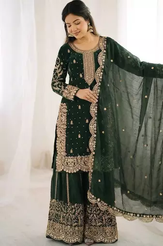 green silk salwar kameez set with embroidery sequins