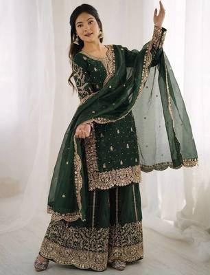 green silk salwar kameez set with embroidery sequins 3