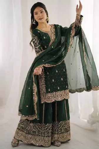 green silk salwar kameez set with embroidery sequins