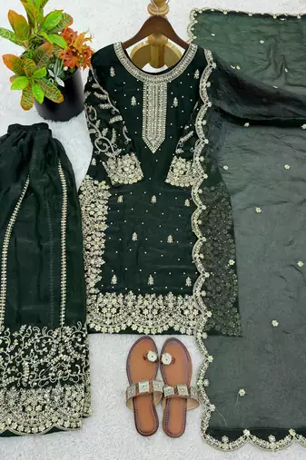 green silk salwar kameez set with embroidery sequins