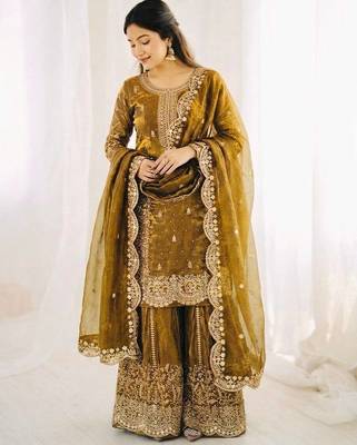 gold silk salwar kameez set with embroidered sequins 2