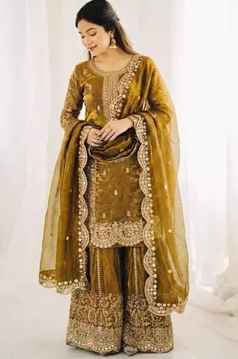 gold silk salwar kameez set with embroidered sequins