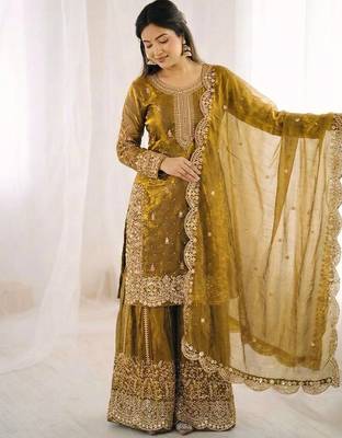 gold silk salwar kameez set with embroidered sequins 3