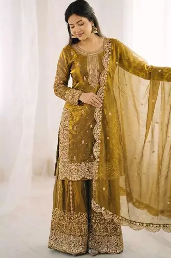 gold silk salwar kameez set with embroidered sequins