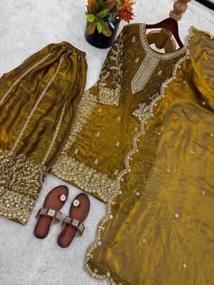 gold silk salwar kameez set with embroidered sequins 4