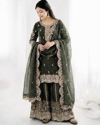 grey silk salwar kameez set with sequins cording work 2