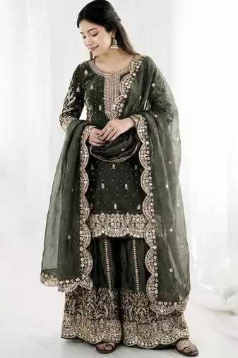 grey silk salwar kameez set with sequins cording work