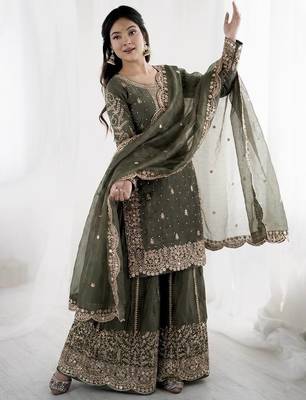 grey silk salwar kameez set with sequins cording work 3