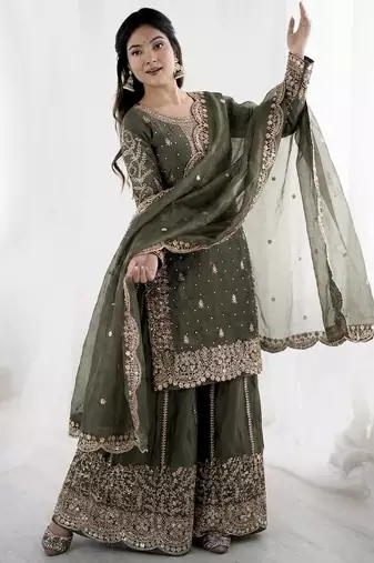 grey silk salwar kameez set with sequins cording work