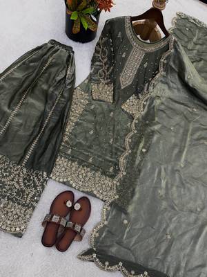 grey silk salwar kameez set with sequins cording work 4