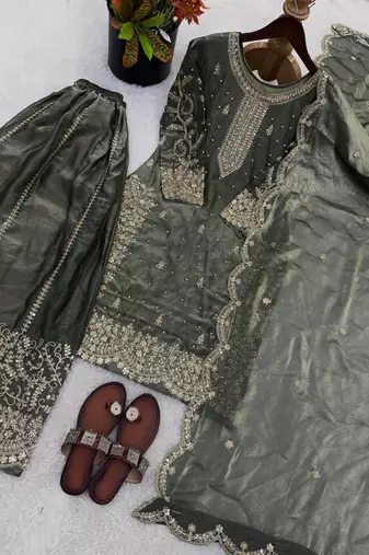 grey silk salwar kameez set with sequins cording work