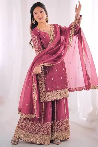 pink silk salwar kameez set with sequins cording work
