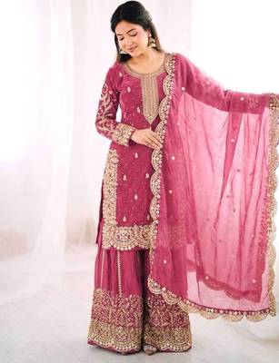 pink silk salwar kameez set with sequins cording work 3