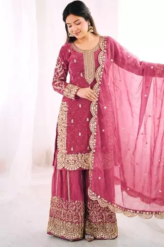 pink silk salwar kameez set with sequins cording work