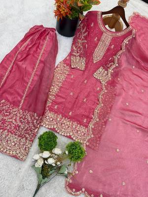 pink silk salwar kameez set with sequins cording work 4
