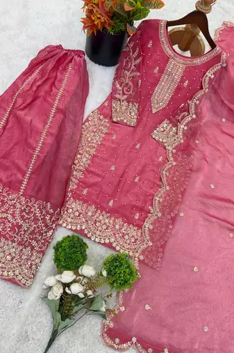 pink silk salwar kameez set with sequins cording work