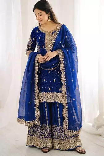 royal blue silk salwar kameez with sequins work
