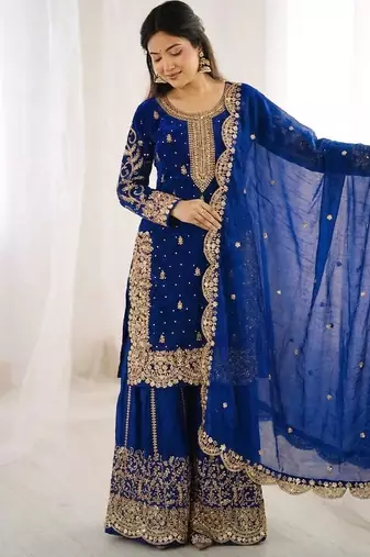 royal blue silk salwar kameez with sequins work