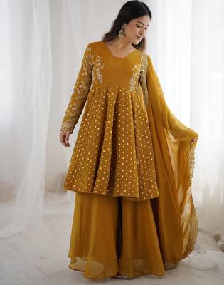 yellow silk salwar kameez set with embroidery sequins 2