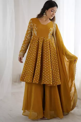 yellow silk salwar kameez set with embroidery sequins