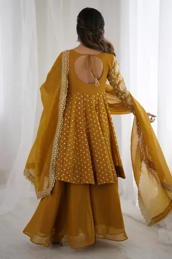 yellow silk salwar kameez set with embroidery sequins