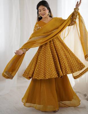 yellow silk salwar kameez set with embroidery sequins 4