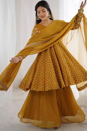 yellow silk salwar kameez set with embroidery sequins