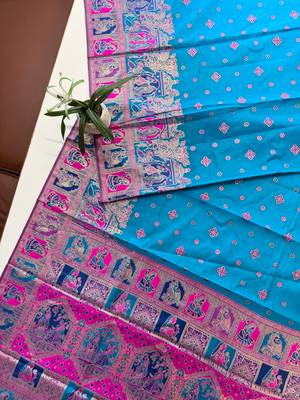 blue banarasi silk saree with colorful butti work 2