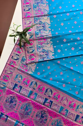 blue banarasi silk saree with colorful butti work