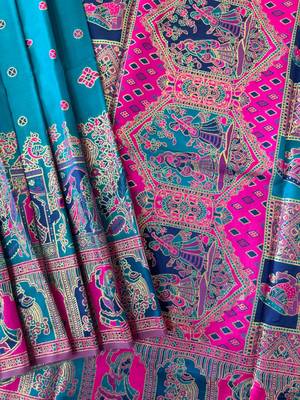 blue banarasi silk saree with colorful butti work 3