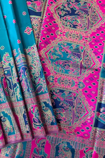 blue banarasi silk saree with colorful butti work
