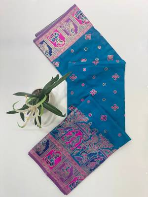 blue banarasi silk saree with colorful butti work 1