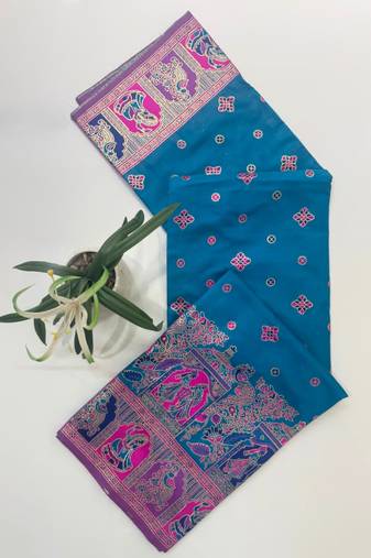 Blue color pashmina design with meena weaving banarasi silk saree