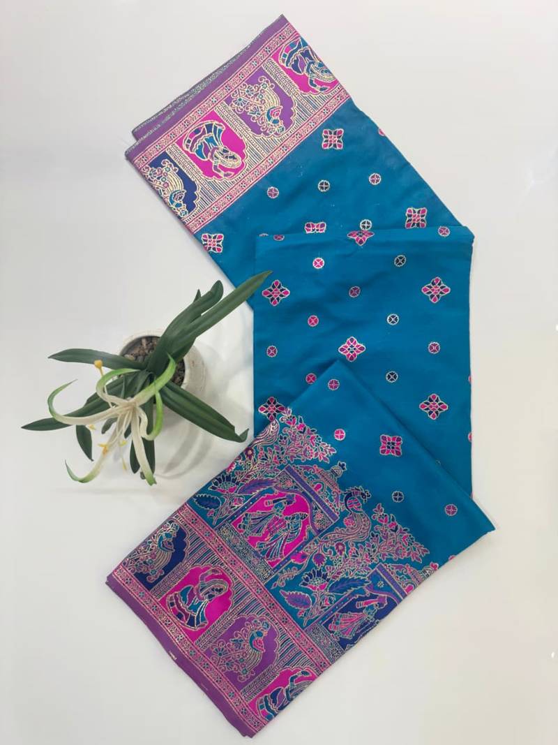 Blue color pashmina design with meena weaving banarasi silk saree
