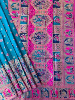 blue banarasi silk saree with colorful butti work 4