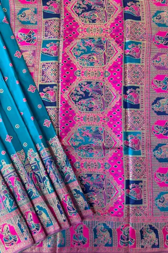 blue banarasi silk saree with colorful butti work