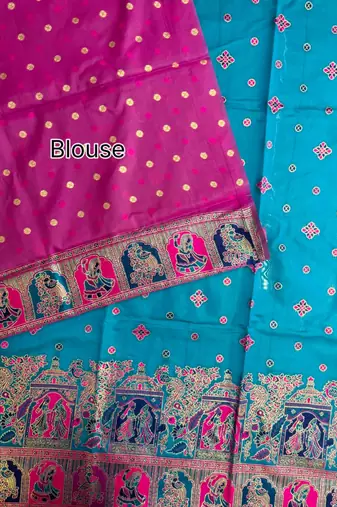 blue banarasi silk saree with colorful butti work