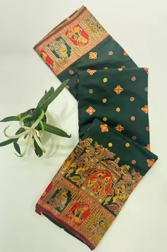 Dark green color pashmina design with meena weaving banarasi silk saree