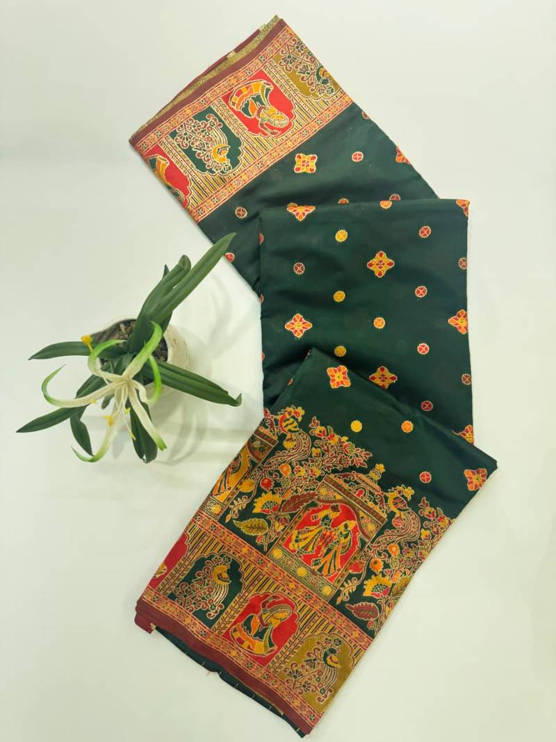 Dark green color pashmina design with meena weaving banarasi silk saree