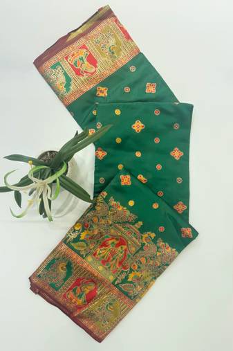 Emerald color pashmina design with meena weaving banarasi silk saree