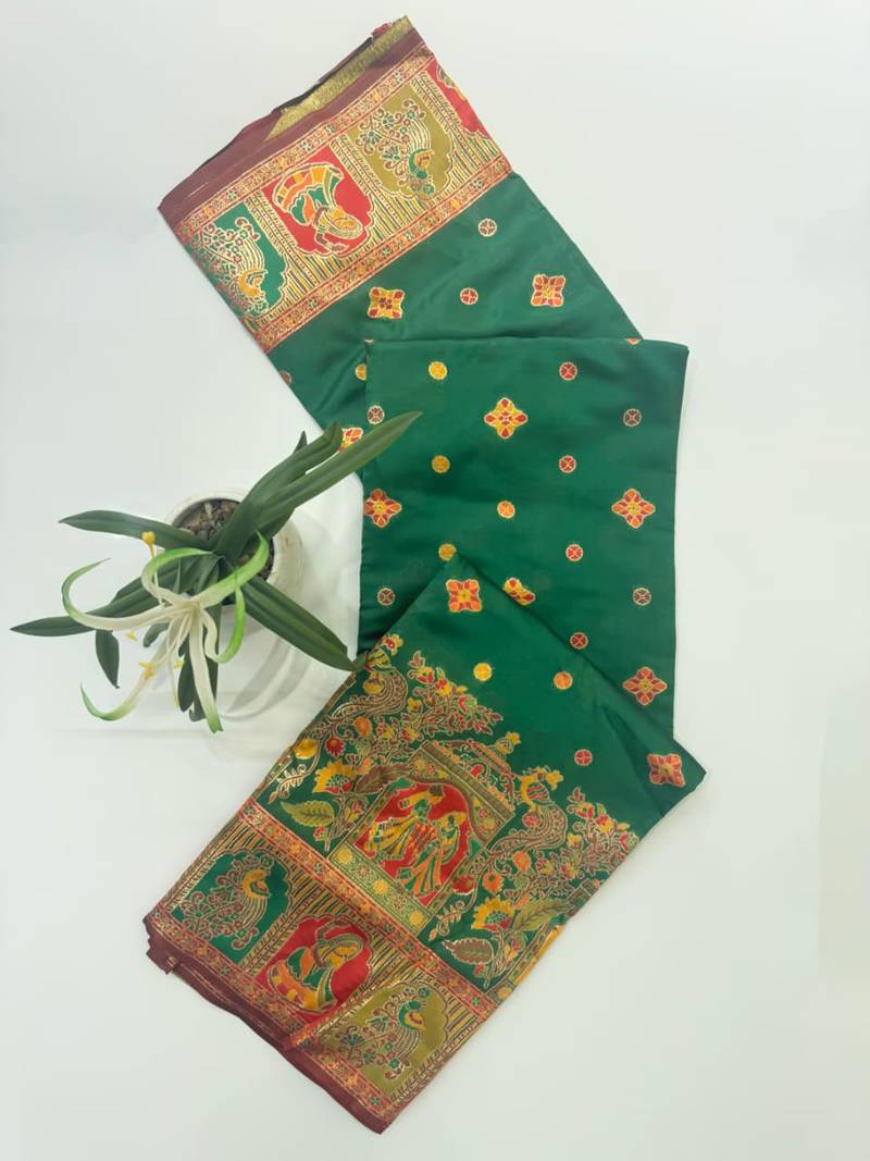 Emerald color pashmina design with meena weaving banarasi silk saree